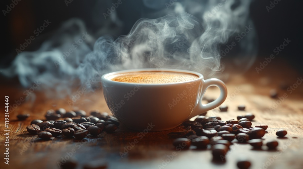 Steaming cup of espresso coffee on wooden table with coffee beans. Steaming cup of espresso coffee on wooden table with coffee beans.