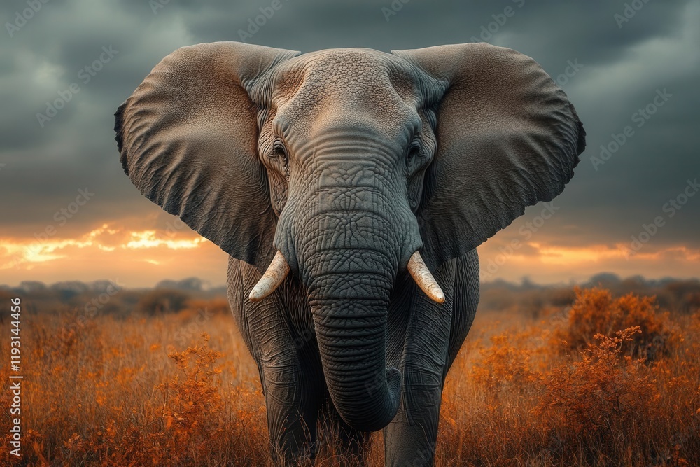 Obraz premium a close-up of a majestic elephant, its impressive tusks standing out against a moody, cloudy sky, capturing the raw beauty and grace of this magnificent creature