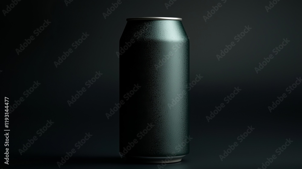 A sleek, dark beverage can with condensation, set against a minimalistic black background. A sleek, dark beverage can with condensation, set against a minimalistic black background.