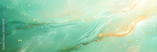 Abstract light green design with shimmering sparkles and gold veins.