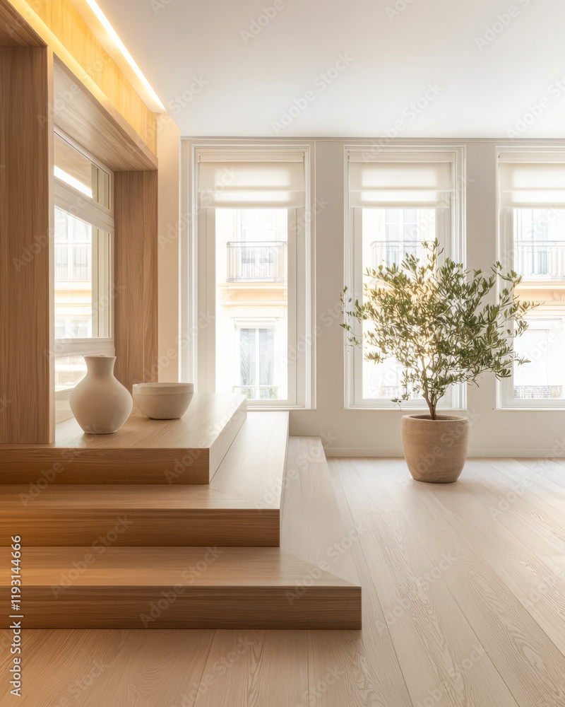 Modern interior design with wooden steps and natural light in a spacious room Modern interior design with wooden steps and natural light in a spacious room