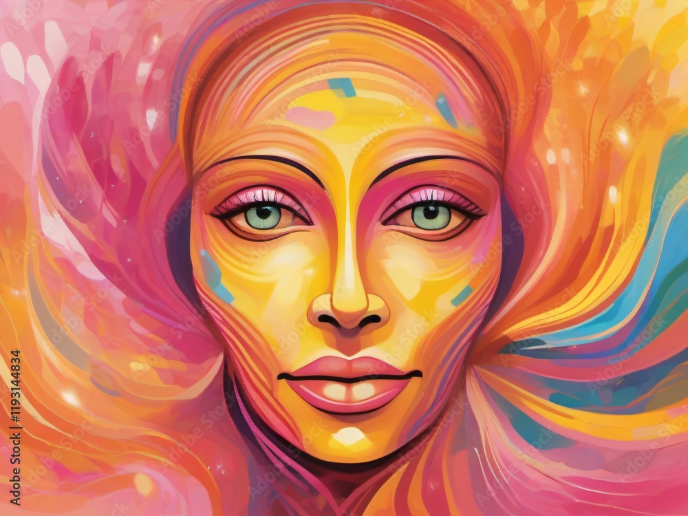 An abstract representation of a human face expressing joy, with vibrant colors like yellow, orange, and pink radiating outward in swirling patterns. The facial features are fragmented yet recognizable An abstract representation of a human face expressing joy, with vibrant colors like yellow, orange, and pink radiating outward in swirling patterns. The facial features are fragmented yet recognizable