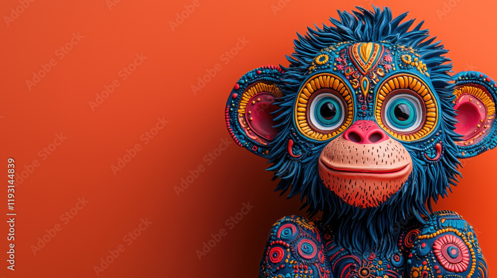 Obraz premium Colorful monkey sculpture with intricate patterns and textures against orange background, showcasing vibrant details and playful expression