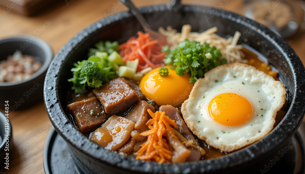 Korean bibimbap in a sizzling stone bowl topped with vibrant vegetables, marinated beef, and a fried egg. Korean bibimbap in a sizzling stone bowl topped with vibrant vegetables, marinated beef, and a fried egg.
