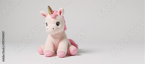 A cute unicorn is shown against a plain white backdrop in a child-friendly design with pastel pink tones photo