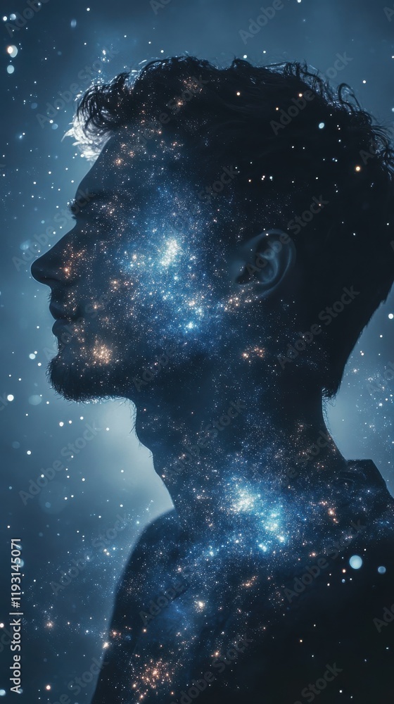 Mystical profile of a man illuminated by constellations and moonlight evokes calm and wonder in a night sky Mystical profile of a man illuminated by constellations and moonlight evokes calm and wonder in a night sky