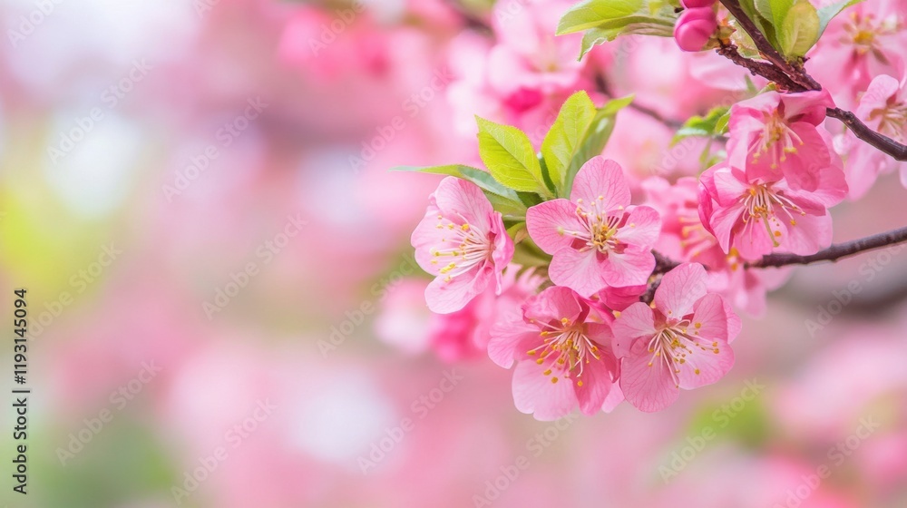 Close-up of delicate pink cherry blossoms with lush green leaves, set against a soft, blurred pastel background Close-up of delicate pink cherry blossoms with lush green leaves, set against a soft, blurred pastel background