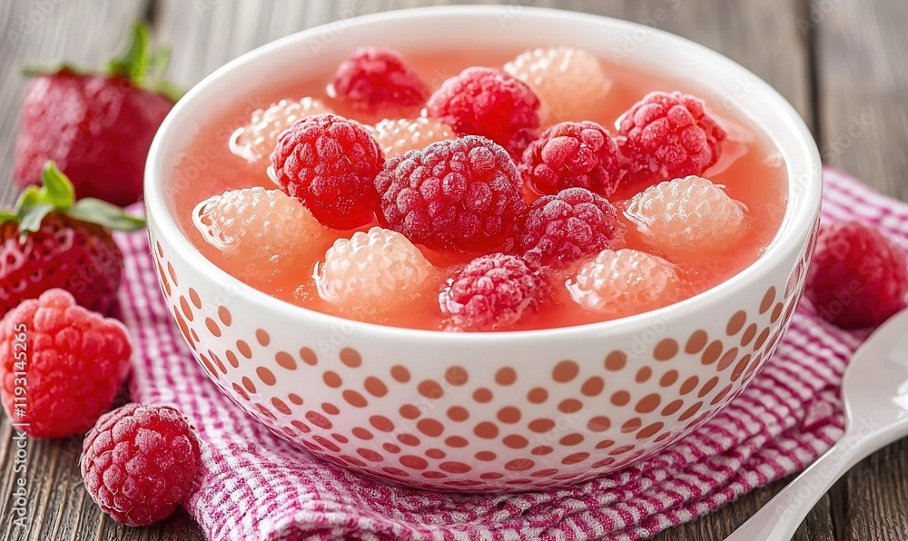 Pink fruit salad with raspberries and peeled grapes in bowl on table Pink fruit salad with raspberries and peeled grapes in bowl on table