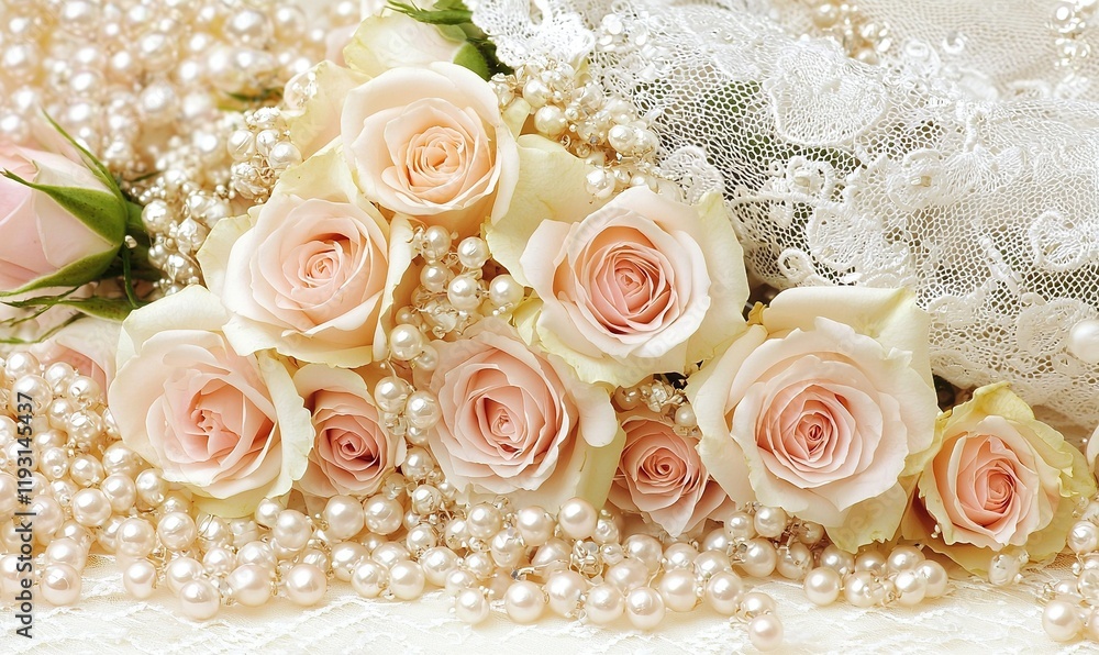 Obraz premium Pink roses, pearls, and lace A romantic arrangement for weddings or special occasions