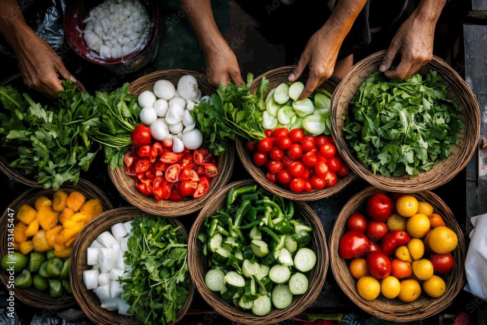 Obraz premium A market scene showcasing a variety of vegetables neatly arranged in baskets, surrounded by bustling activity
