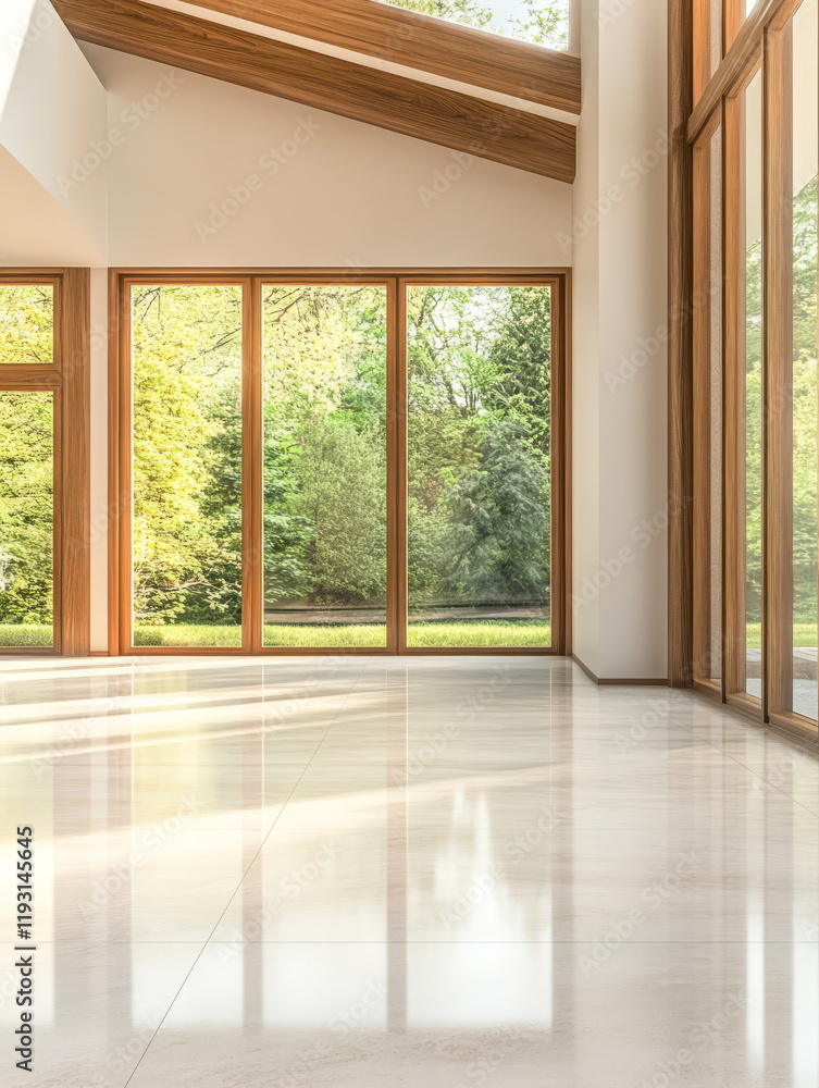 Bright and airy interior with large windows overlooking a serene garden in daylight Bright and airy interior with large windows overlooking a serene garden in daylight