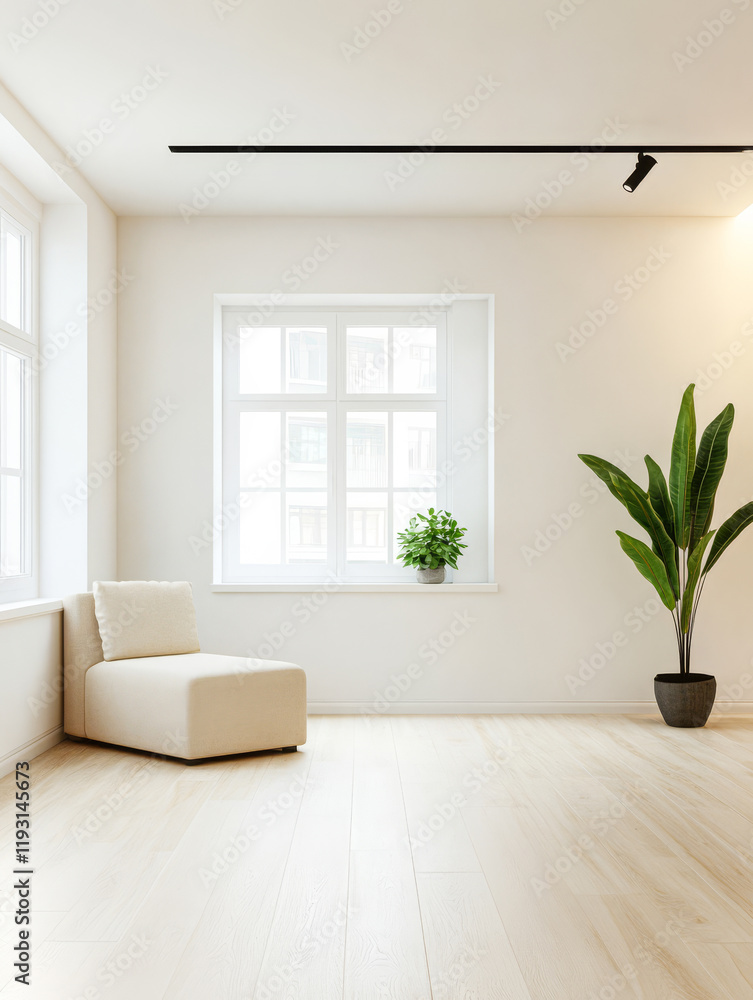 Modern room with a minimalist couch and indoor plant by large windows Modern room with a minimalist couch and indoor plant by large windows