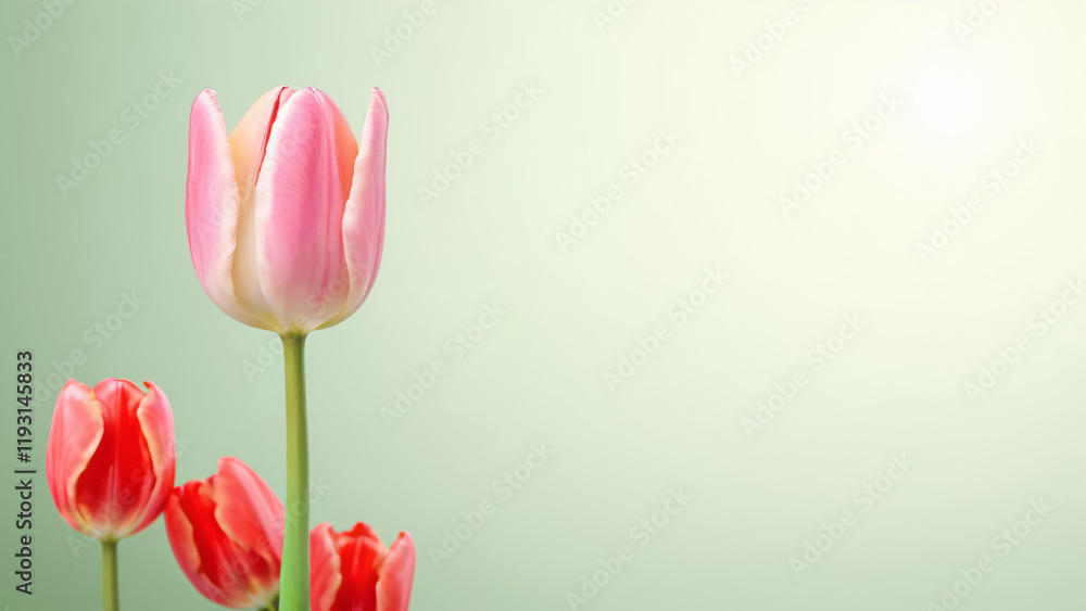 Fototapeta premium single pink tulip and red tulips