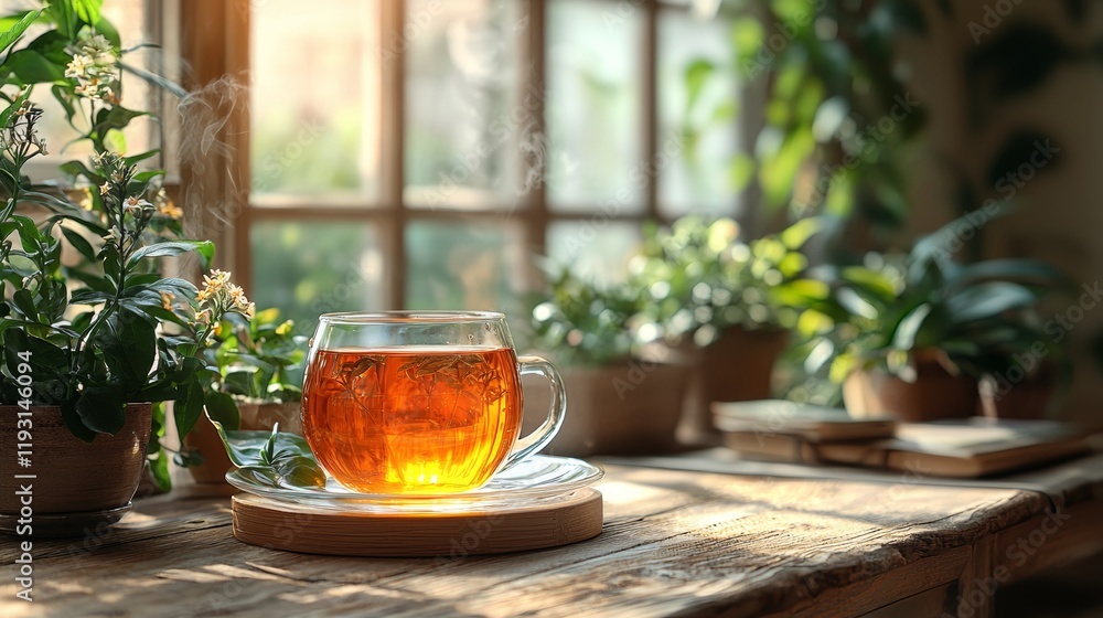 Jar of herbal tea with fresh plants on a wooden table Jar of herbal tea with fresh plants on a wooden table