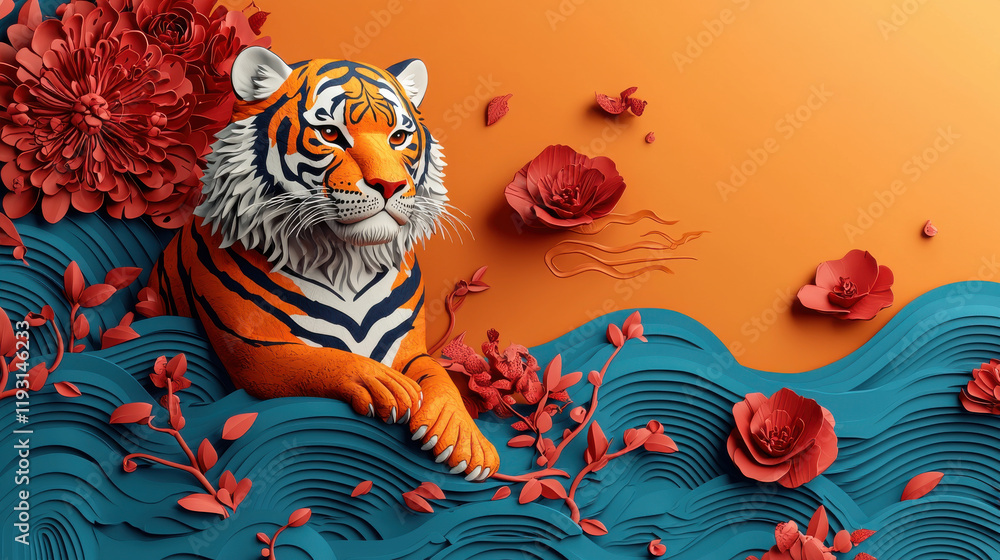 Obraz premium vibrant 3D tiger design representing Tiger zodiac, surrounded by colorful flowers and waves. artwork features bold colors and intricate details, evoking sense of strength and beauty