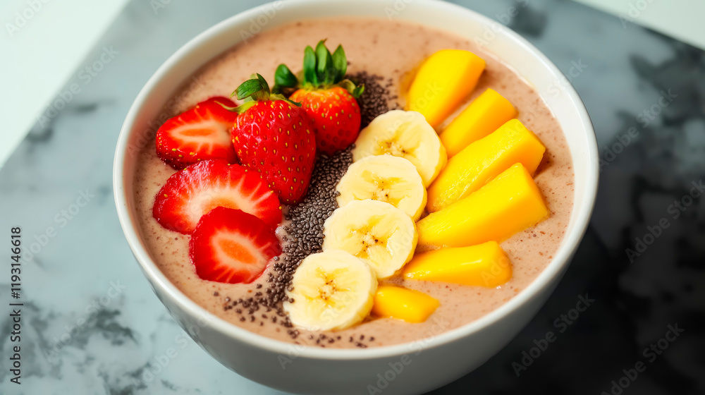 Delightful oat smoothie bowl topped with fresh banana, vibrant strawberries, and juicy mango slices inviting a refreshing breakfast experience Delightful oat smoothie bowl topped with fresh banana, vibrant strawberries, and juicy mango slices inviting a refreshing breakfast experience