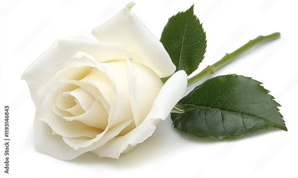 Fototapeta premium Single white rose with stem and leaves on white background, ideal for romantic or memorial designs