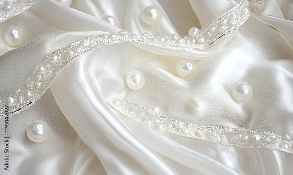 Smooth white silk fabric draped with pearl beads, ideal for wedding or luxury backgrounds Smooth white silk fabric draped with pearl beads, ideal for wedding or luxury backgrounds