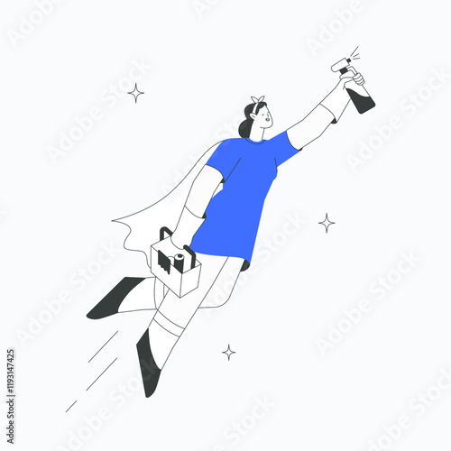 Woman flying with cleaning tools symbolizing professional cleaning services, efficiency, and problem solving in flat vector illustration, isolated on white background