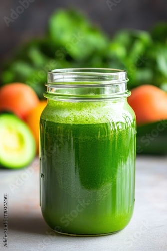 Green detoxifying smoothie containing spinach, avocado, cucumber, and grapefruit promoting healthy lifestyle photo