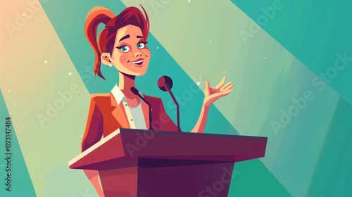 Confident Female Politician Speaking at Podium with Audience - Political Leadership Concept photo