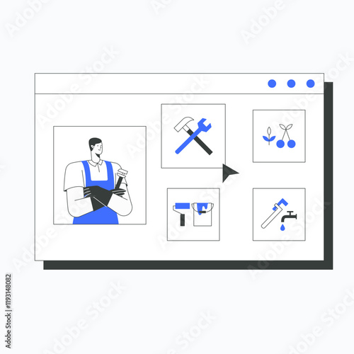 Male worker reviewing repair tools on website interface in flat vector illustration symbolizing online shopping, tool selection, and handyman services, isolated on white background.