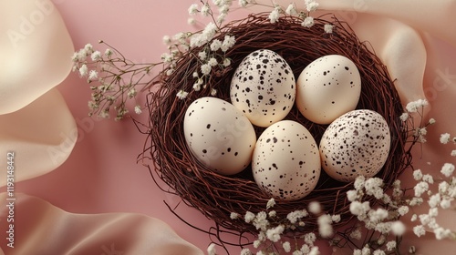 Nest with five speckled eggs surrounded by delicate flowers and soft fabric