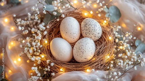 Nest with four speckled eggs surrounded by soft lights and decorative flowers