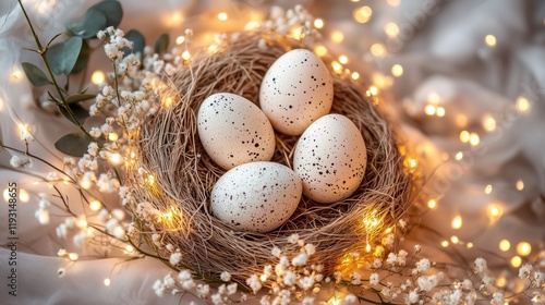 Decorative nest with speckled eggs and fairy lights creates a cozy atmosphere for spring celebrations