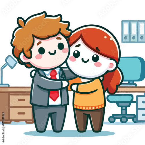 cartoon of two colleagues embrace in an office setting