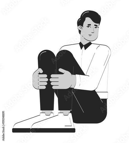 Depressed indian man corporate employee doodle linear character. Pensive male entrepreneur sitting hugging knees 2D vector outline person isolated. Hand drawn drawing illustration monochrome