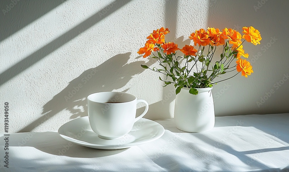 Fototapeta premium White cup, orange flowers in vase on table, sunlight window shadows, peaceful morning routine