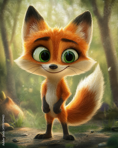 Cute cartoon fox character in a forest setting with vibrant details photo