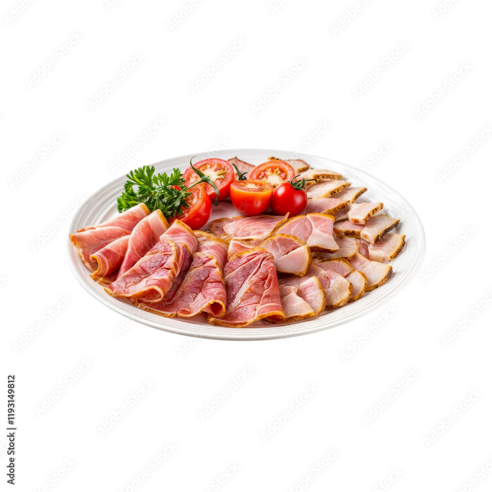 Savory Delights: An enticing arrangement of cured meats and fresh produce, artistically presented on a pristine plate, epitomizes culinary artistry and gastronomic pleasure. Savory Delights: An enticing arrangement of cured meats and fresh produce, artistically presented on a pristine plate, epitomizes culinary artistry and gastronomic pleasure.