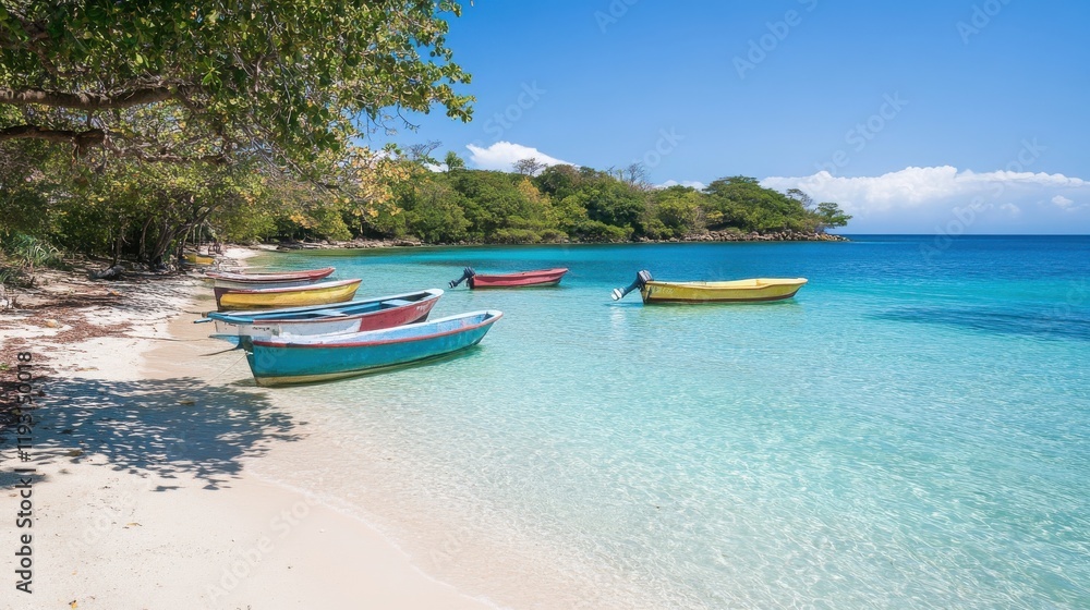 Tropical beach with crystal-clear water and colorful boats on a sunny day Tropical beach with crystal-clear water and colorful boats on a sunny day