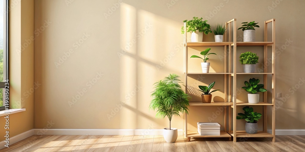 Fototapeta premium Sunlight Illuminates a Minimalist Room with a Wooden Plant Stand Featuring Various Greenery