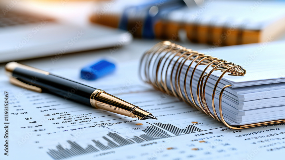 business manager reviewing financial data with pen, notebook, and charts. scene captures professional workspace focused on analysis and planning business manager reviewing financial data with pen, notebook, and charts. scene captures professional workspace focused on analysis and planning