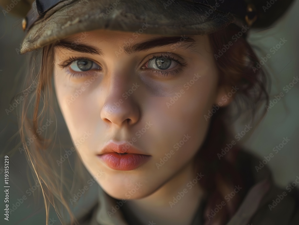 Portrait of a Young Woman with Intense Eyes in Military-Inspired Attire, Conveying Strength and Determination Amidst a Subtle Background