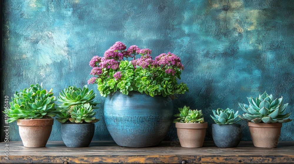 Potted plants and flowers on a rustic wooden shelf Potted plants and flowers on a rustic wooden shelf