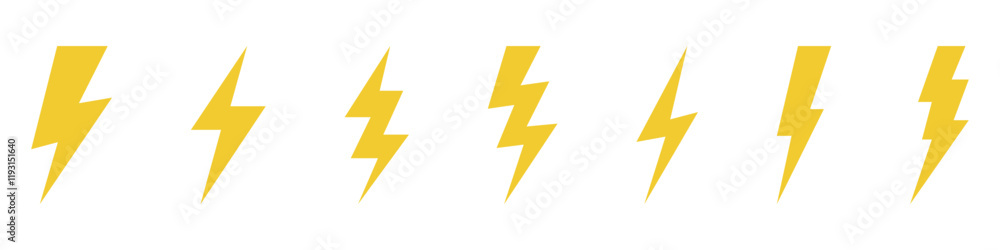 Vector electric lightning bolt logo set isolated on white background for electric power symbol, poster, t shirt. Thunder icon. Storm pictogram. Vector electric lightning bolt logo set isolated on white background for electric power symbol, poster, t shirt. Thunder icon. Storm pictogram.