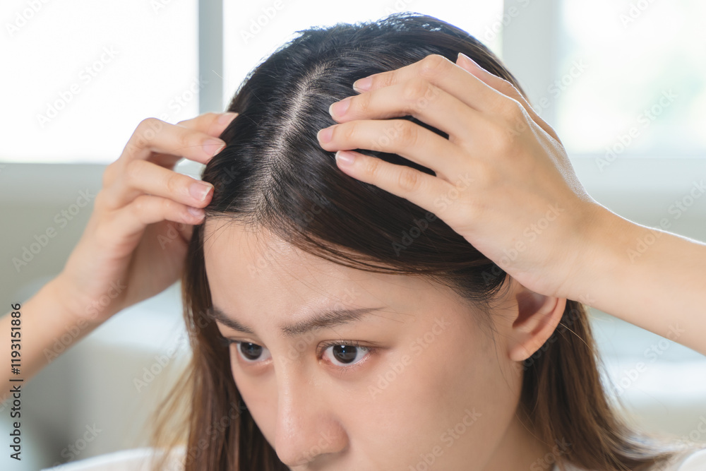 Naklejka premium Hair loss problem, Asian woman look at scalp worry about balding.