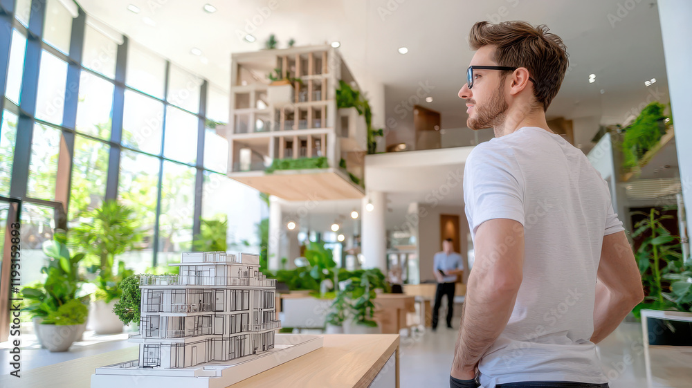 modern workspace featuring man observing architectural blueprints and model. bright environment is filled with greenery modern workspace featuring man observing architectural blueprints and model. bright environment is filled with greenery