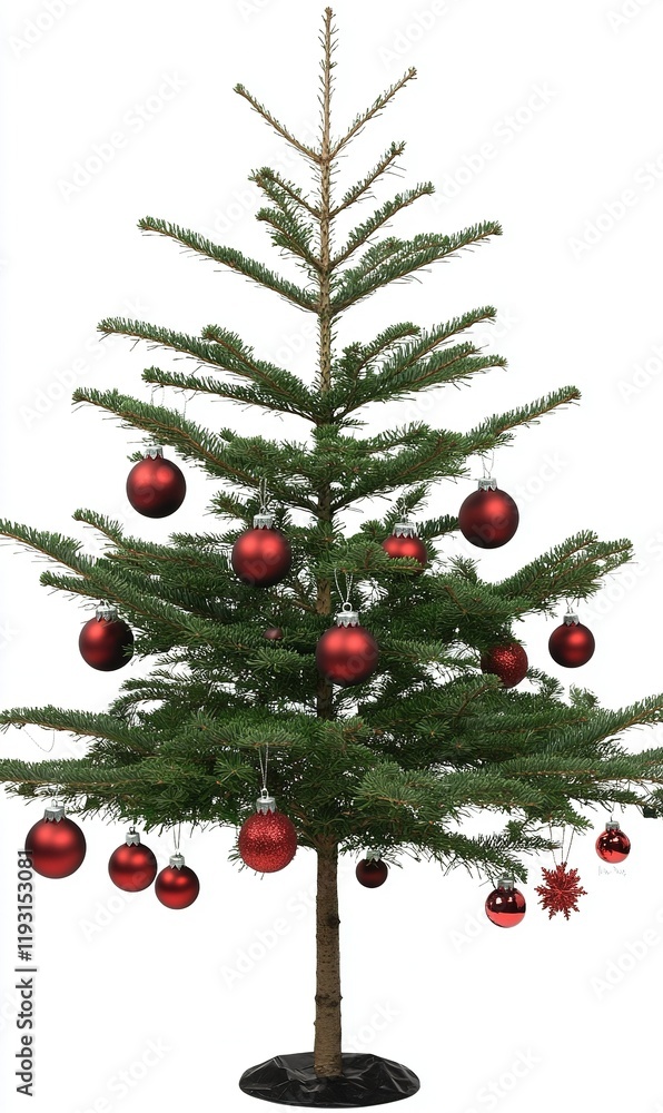 Decorated Christmas tree with red ornaments on plain white background, ideal for holiday projects Decorated Christmas tree with red ornaments on plain white background, ideal for holiday projects