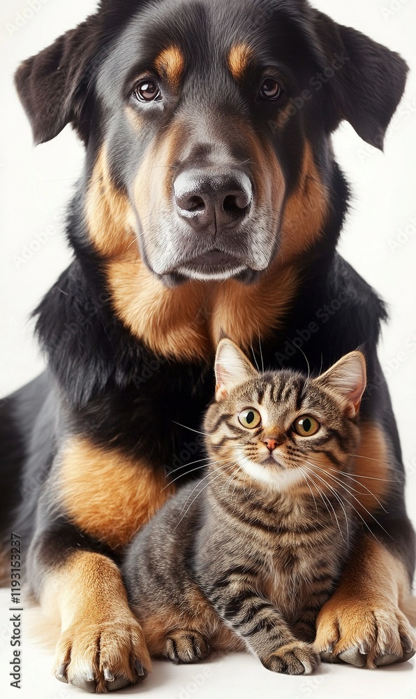 Obraz premium Dog and cat posing together on white background, ideal for pet adoption campaigns