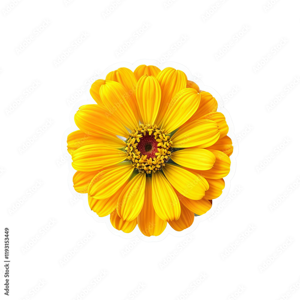Golden Zinnia: An overhead shot of a vibrant, fully bloomed zinnia with a bright yellow petal, offering a close-up perspective. Golden Zinnia: An overhead shot of a vibrant, fully bloomed zinnia with a bright yellow petal, offering a close-up perspective.