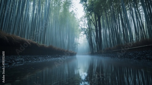 Misty bamboo forest path with stream reflection.