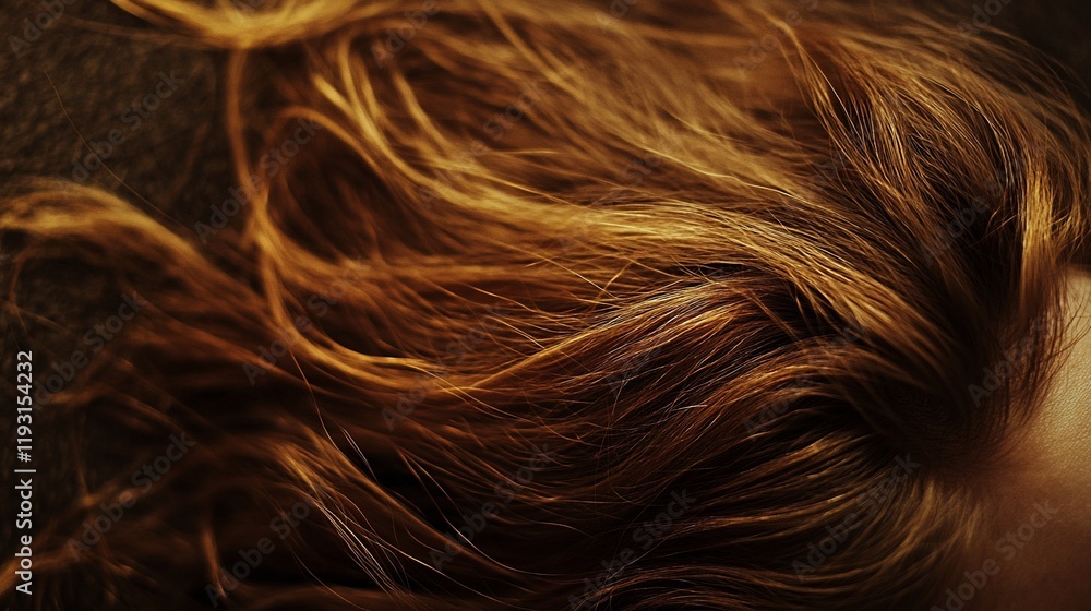 Close-up of auburn hair, wavy texture, soft lighting. Close-up of auburn hair, wavy texture, soft lighting.