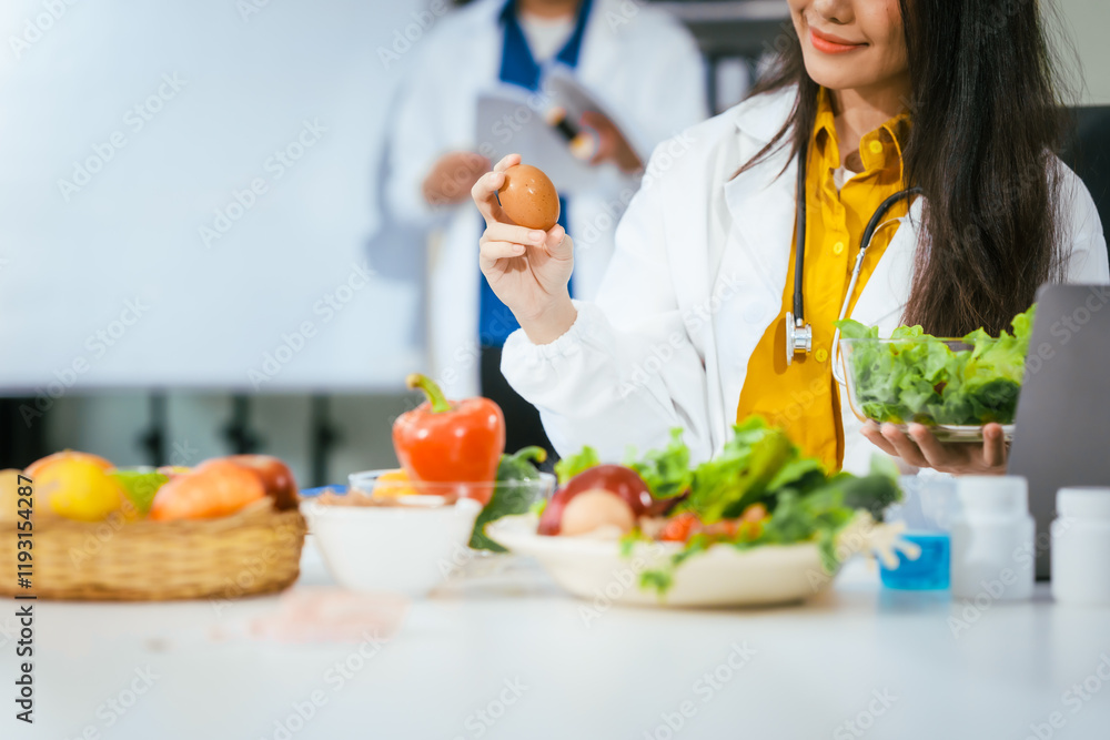 Two nutritionists,female and male, work in a hospital, analyzing vegetable and fruit salads, offering online advice, helping patients embrace clean eating habits and weight control for better health