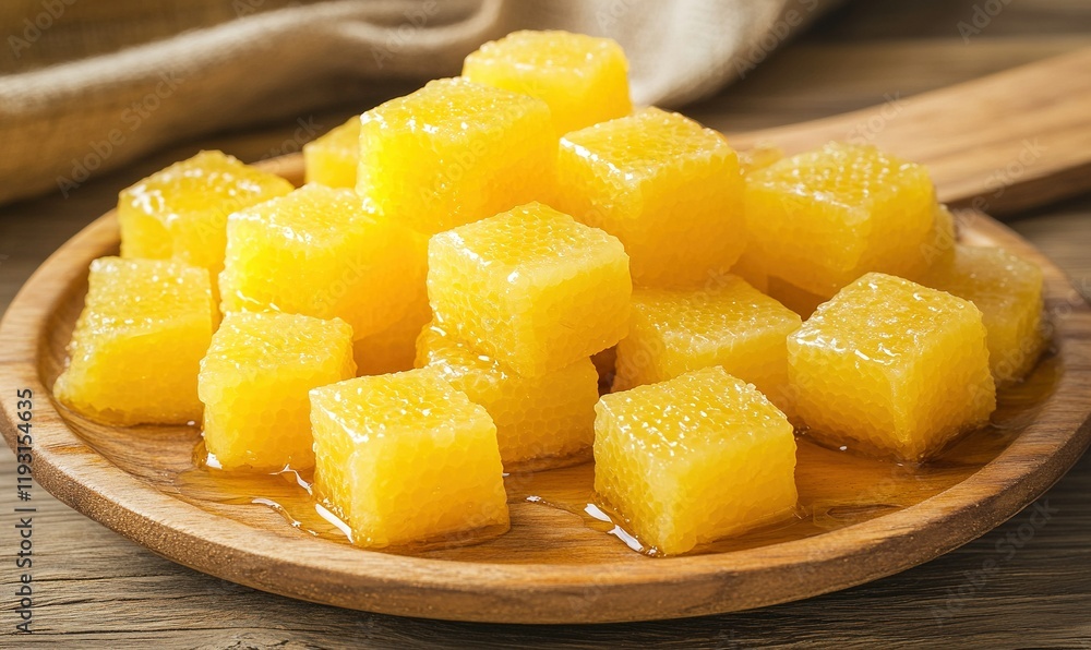 Honeycomb cubes stacked on wooden plate, rustic background, food photography Honeycomb cubes stacked on wooden plate, rustic background, food photography