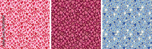 Valentine's Day candy hearts, red pink blue wavy hearts vector seamless patterns.Digital conversation hearts background, wallpaper design, wrapping paper, fabric print,kids clothes print,card template